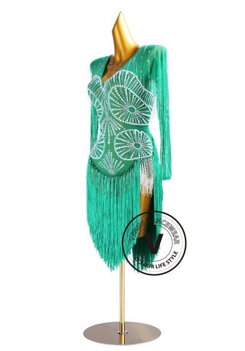 Emerald Pearls Sparkle Rhythm Latin Dress for Dance Competition