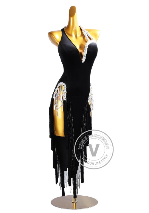 Noir Vibe Beading Fringe Rhythm Latin Dress for Dance Competition