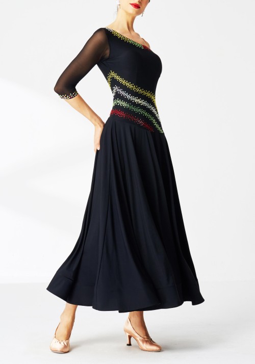 Black Luxury Crepe with Colorful Crystals Ballroom Smooth Practice Dance Dress