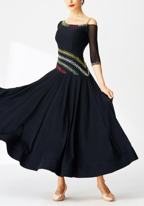 Black Luxury Crepe with Colorful Crystals Ballroom Smooth Practice Dance Dress