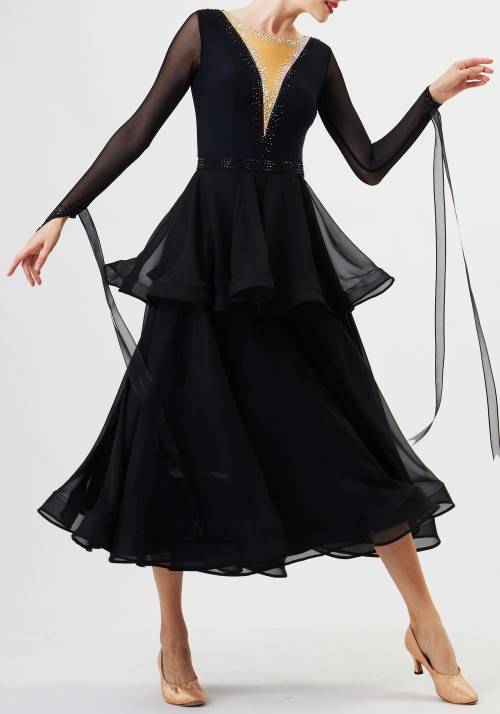 Black Luxury Crepe with Heart-back Ballroom Smooth Practice Dance Dress