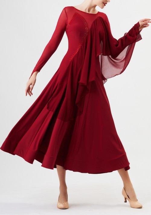 Oxblood Red Luxury Crepe with Chiffon Flow Ballroom Smooth Practice Dance Dress