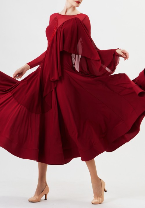 Oxblood Red Luxury Crepe with Chiffon Flow Ballroom Smooth Practice Dance Dress