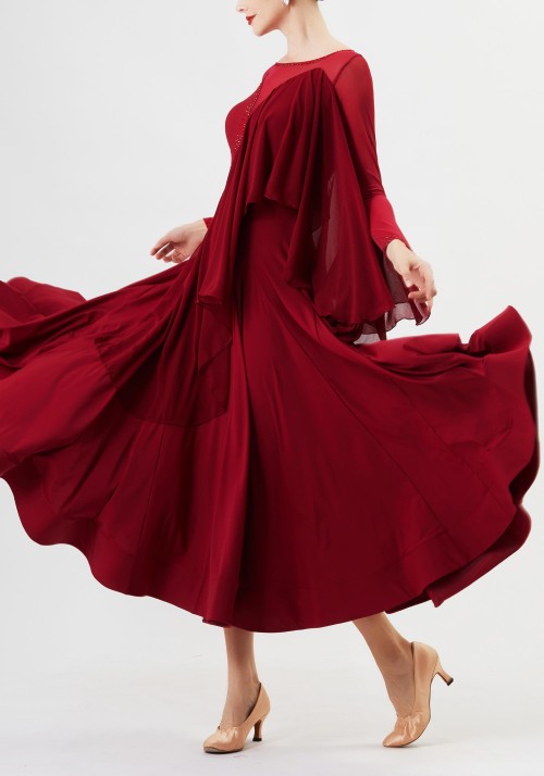 Oxblood Red Luxury Crepe with Chiffon Flow Ballroom Smooth Practice Dance Dress