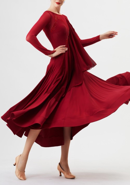 Oxblood Red Luxury Crepe with Chiffon Flow Ballroom Smooth Practice Dance Dress