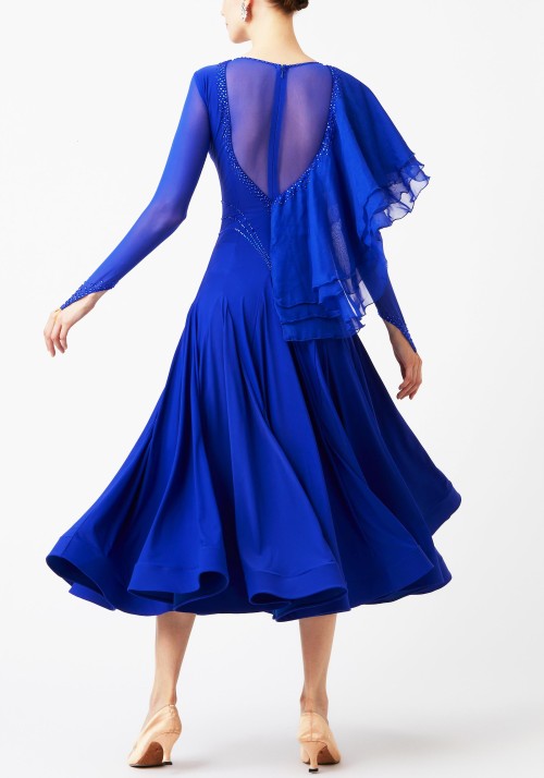 Royal Blue Luxury Crepe with Chiffon Flounce Draped Ballroom Smooth Practice Dance Dress