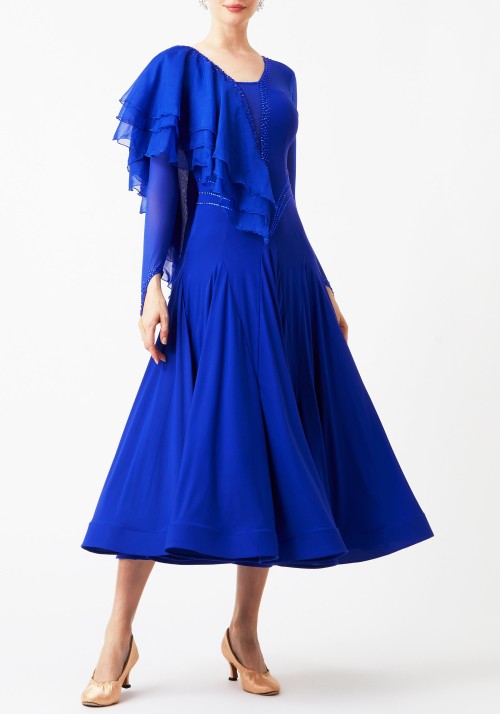 Royal Blue Luxury Crepe with Chiffon Flounce Draped Ballroom Smooth Practice Dance Dress