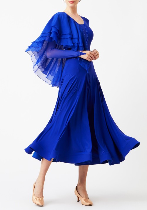 Royal Blue Luxury Crepe with Chiffon Flounce Draped Ballroom Smooth Practice Dance Dress