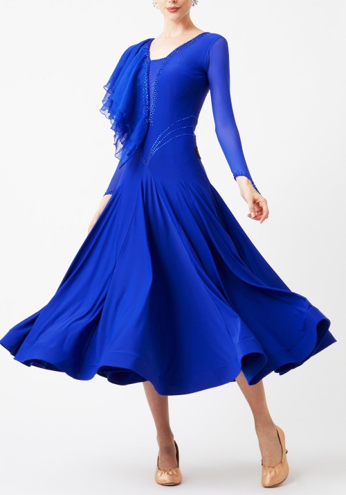 Royal Blue Luxury Crepe with Chiffon Flounce Draped Ballroom Smooth Practice Dance Dress