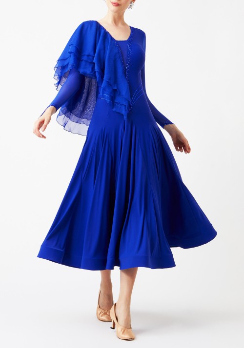 Royal Blue Luxury Crepe with Chiffon Flounce Draped Ballroom Smooth Practice Dance Dress