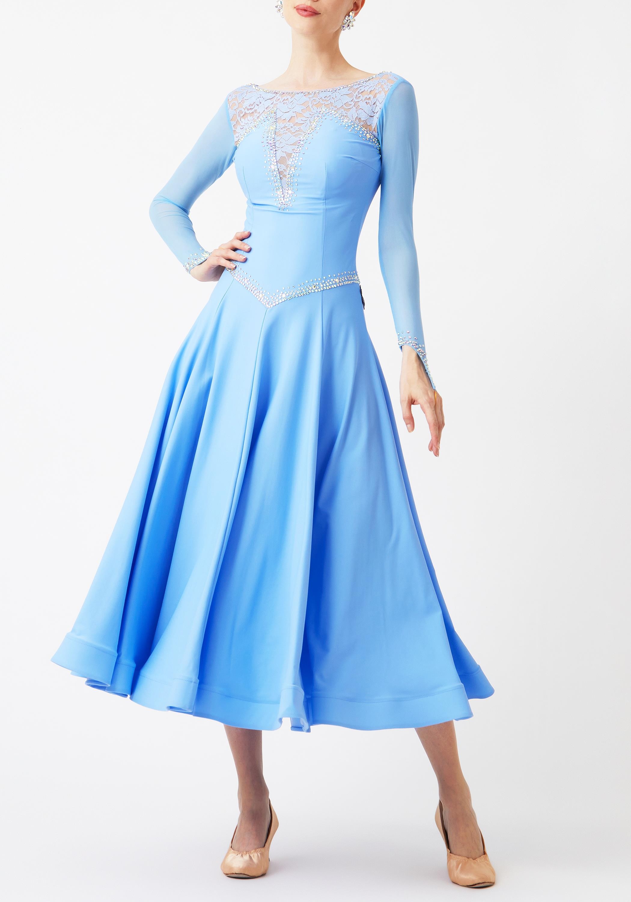 Baby Blue Luxury Crepe Lace Serenity Ballroom Smooth Practice Dance Dress