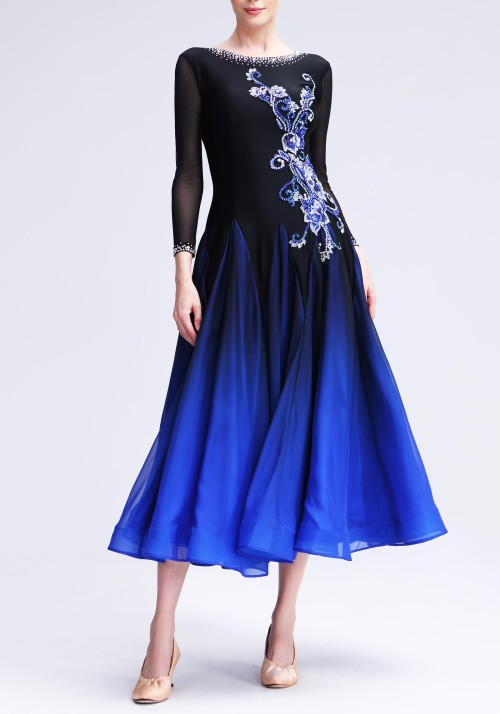 Black to Blue Luxury Crepe Ballroom Smooth Practice Dance Dress