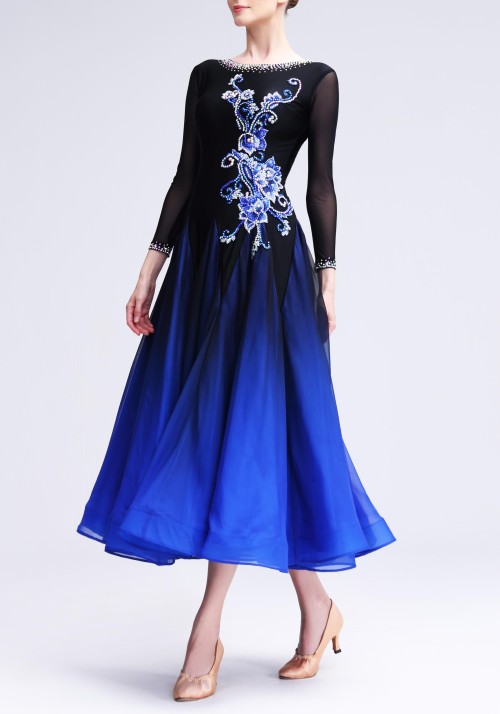 Black to Blue Luxury Crepe Ballroom Smooth Practice Dance Dress