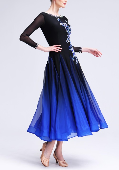 Black to Blue Luxury Crepe Ballroom Smooth Practice Dance Dress