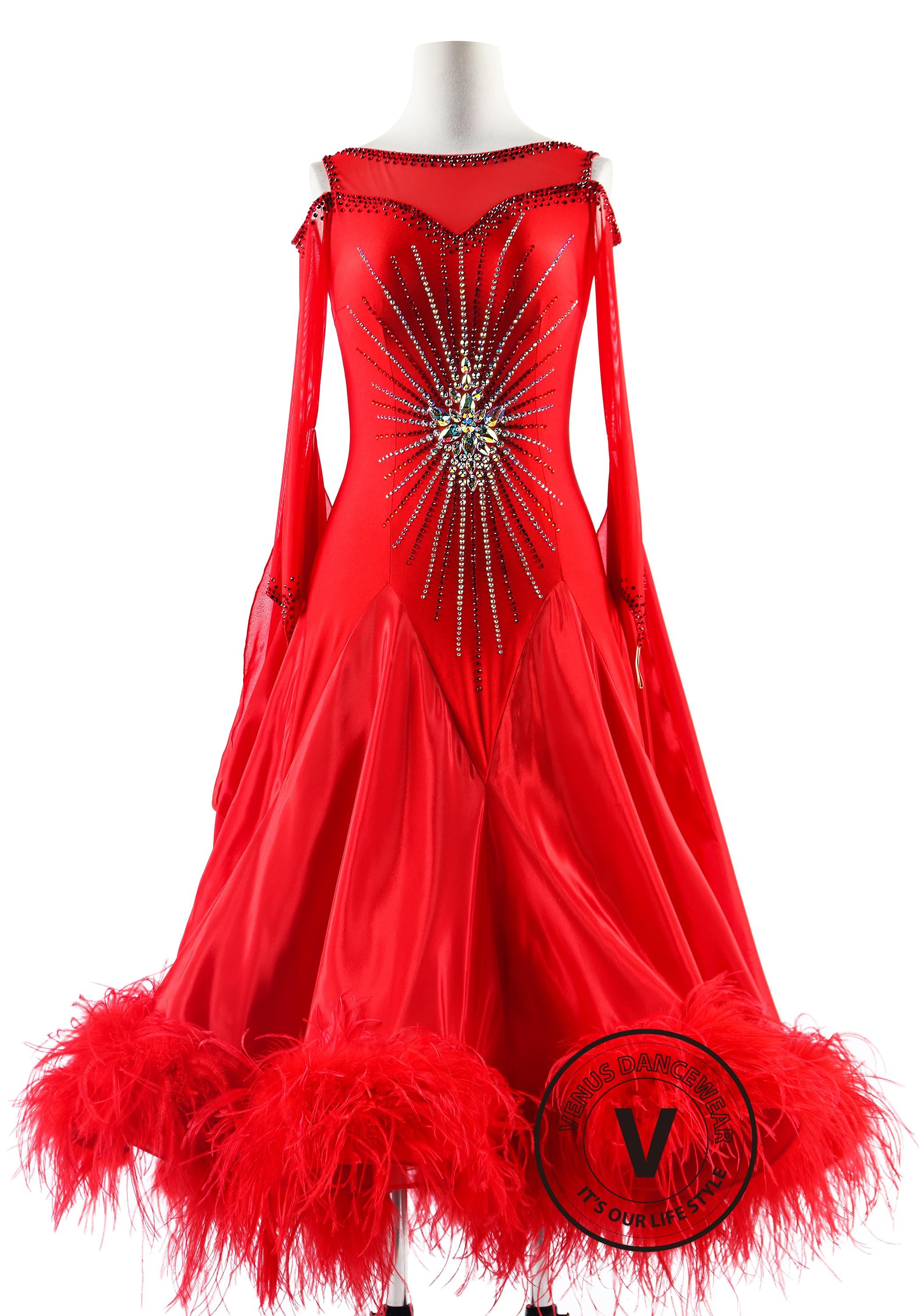 Crimson Majesty Ostrich Feathers Ballroom Smooth Dance Competition Dress