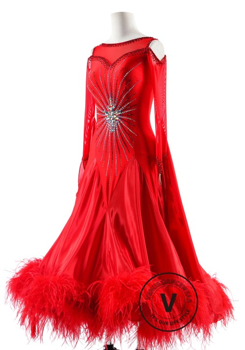 Crimson Majesty Ostrich Feathers Ballroom Smooth Dance Competition Dress