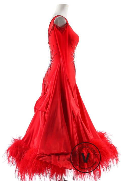 Crimson Majesty Ostrich Feathers Ballroom Smooth Dance Competition Dress