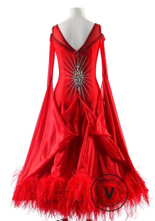 Crimson Majesty Ostrich Feathers Ballroom Smooth Dance Competition Dress