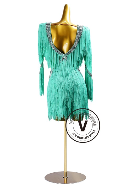 See Green Fringe Rhythm Latin Dress for Dance Competition