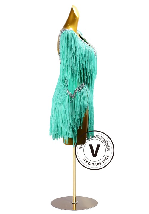 See Green Fringe Rhythm Latin Dress for Dance Competition