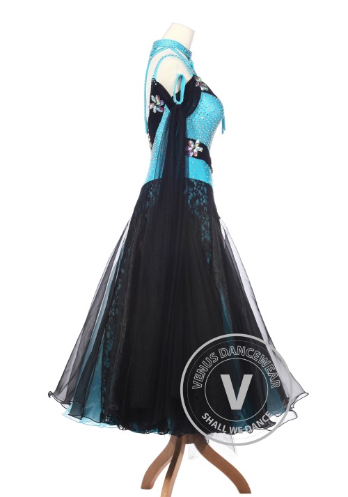 Blue Lace Ballroom Competition Women Dance Gown Waltz Smooth Foxtrot Standard