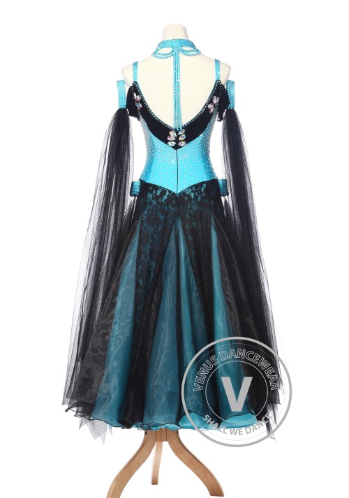 Blue Lace Ballroom Competition Women Dance Gown Waltz Smooth Foxtrot Standard