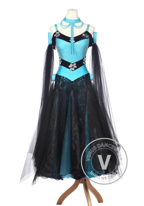 Blue Lace Ballroom Competition Women Dance Gown Waltz Smooth Foxtrot Standard