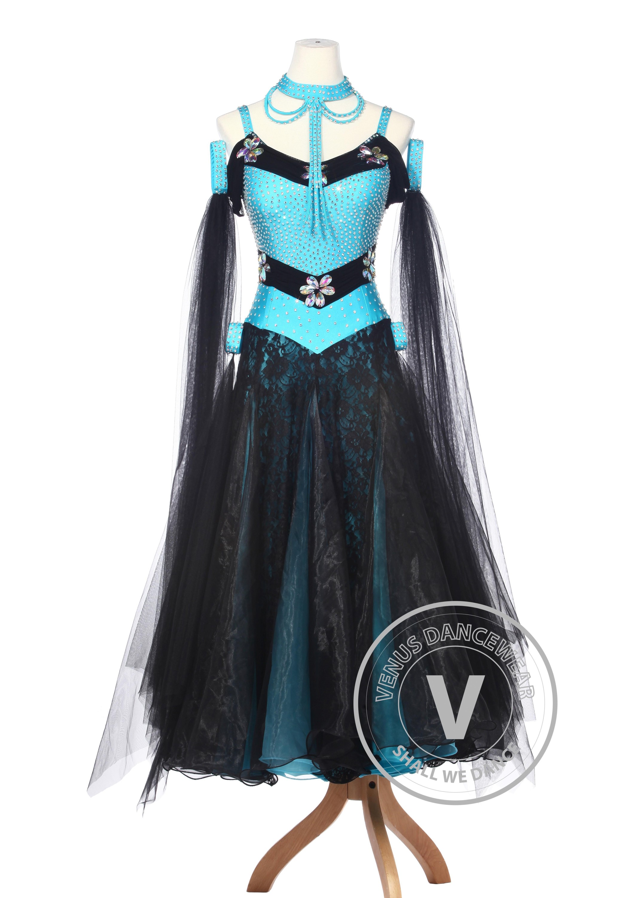 Blue Lace Ballroom Competition Women Dance Gown Waltz Smooth Foxtrot Standard