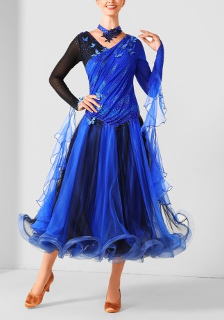 Butterfly Cascade Black and Blue Luxury Crepe Ballroom Smooth Practice Dance Dress