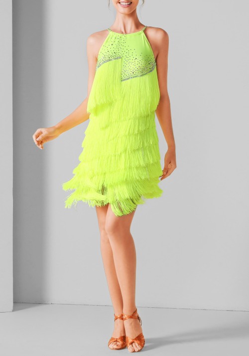 Neon Flame Fringe Luxury Crepe Latin Rhythm Practice Dance Dress