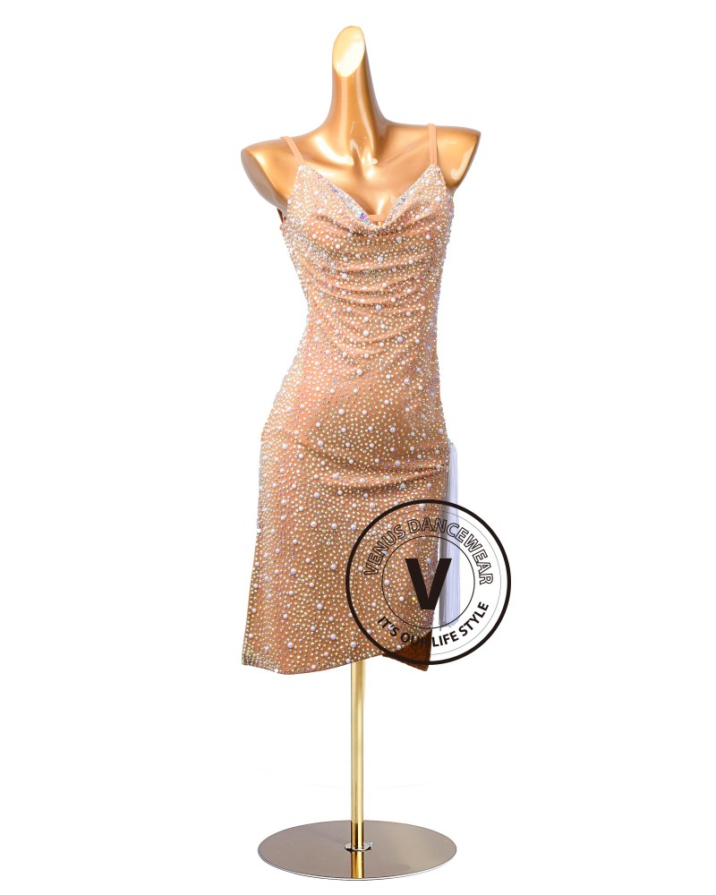 Shine bright in this stunning rhythm Latin dress. The lustrous grace draped neckline and dazzling embellishments will make you