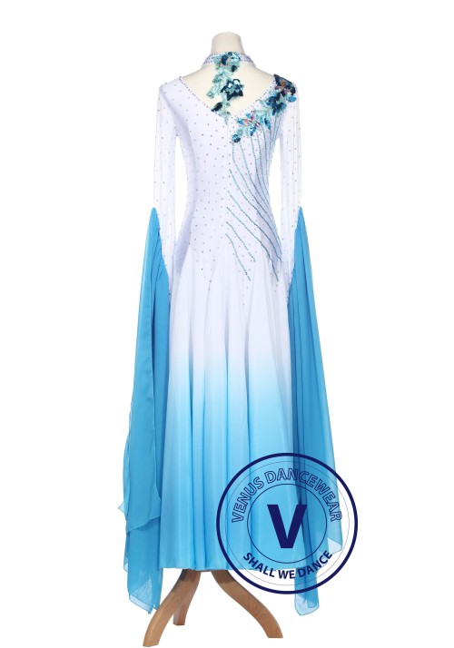 Blue Gradational Ballroom Competition Standard Waltz Smooth Foxtrot Women Dance Dress