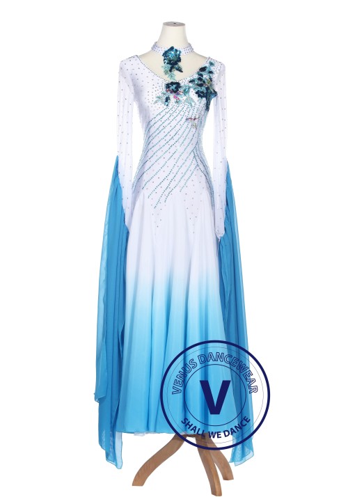 Blue Gradational Ballroom Competition Standard Waltz Smooth Foxtrot Women Dance Dress