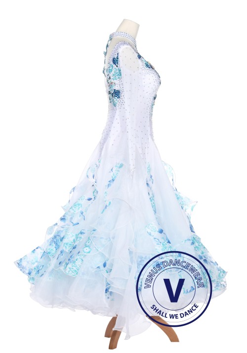 Blue Floral Ruffle Smooth Foxtrot Waltz Ballroom Standard Competition Women Dress 