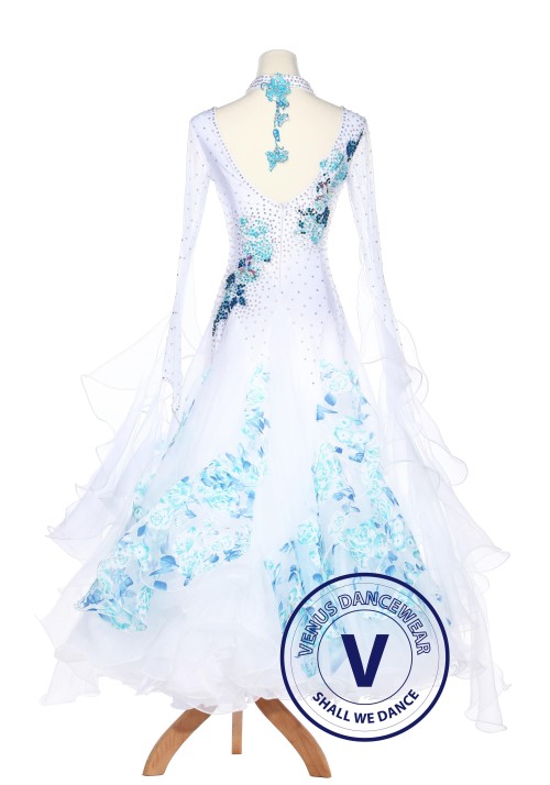 Blue Floral Ruffle Smooth Foxtrot Waltz Ballroom Standard Competition Women Dress 