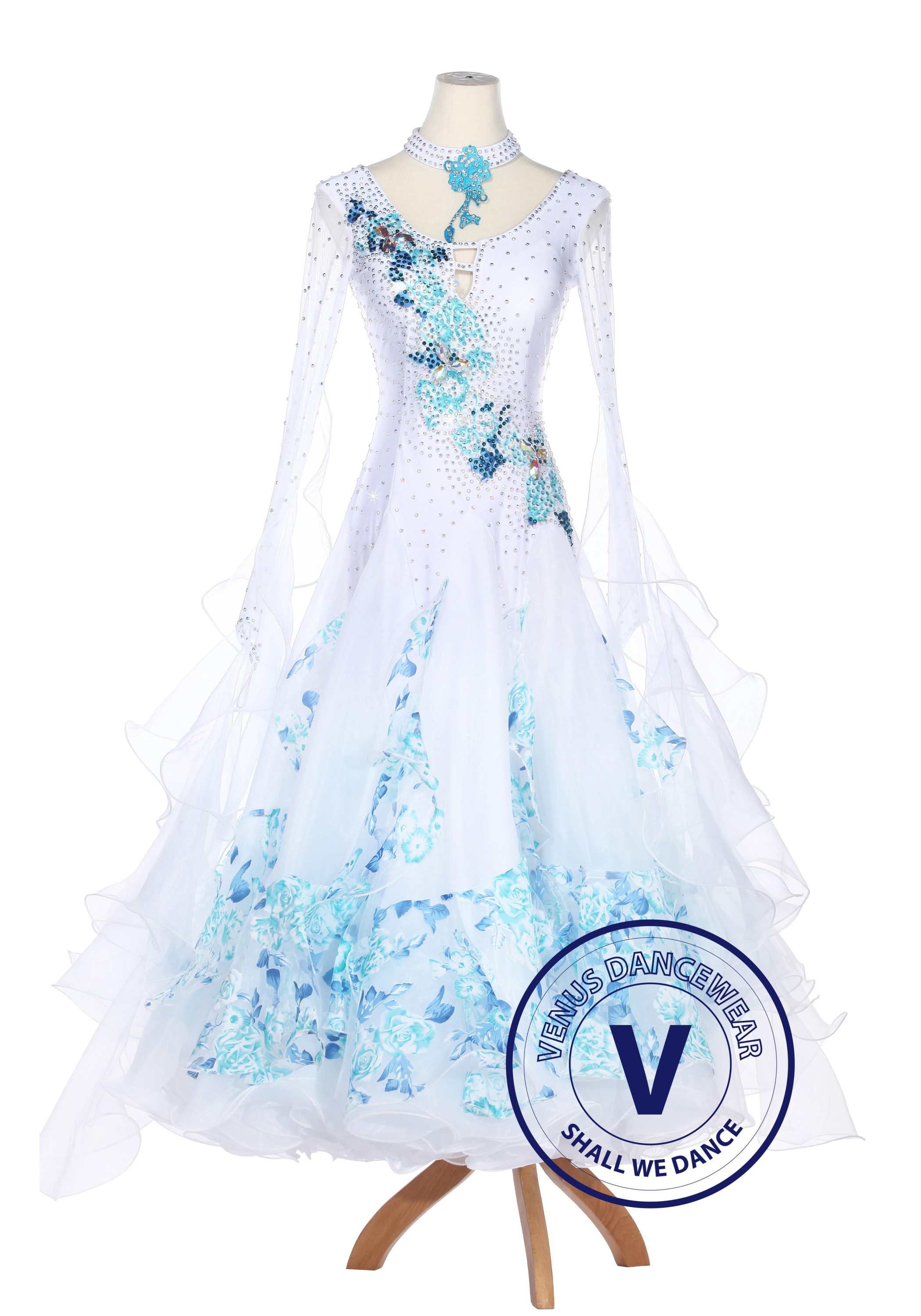 Blue Floral Ruffle Smooth Foxtrot Waltz Ballroom Standard Competition Women Dress 