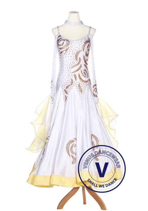 Golden Floral Ballroom Competition Women Dance Gown Waltz Smooth Foxtrot Standard 