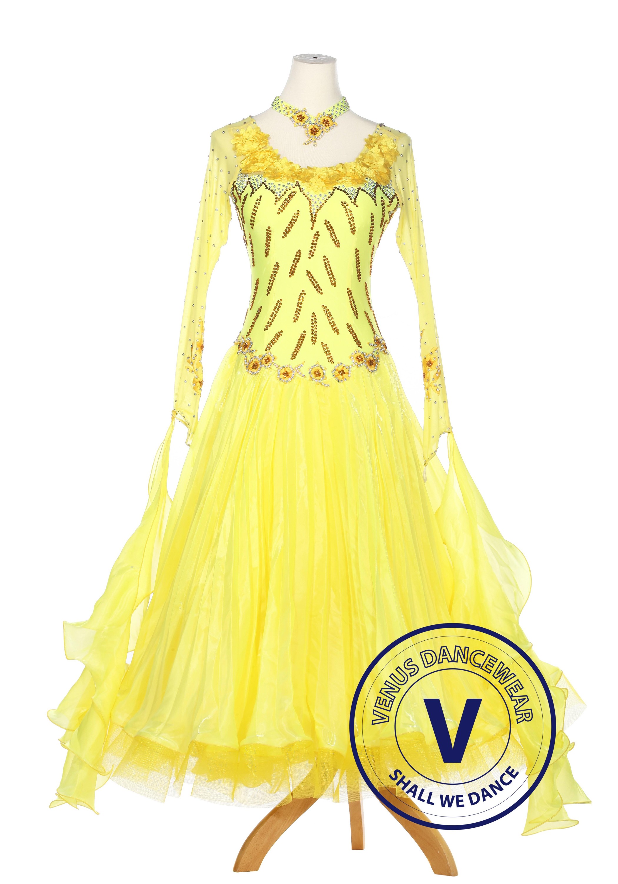 Yellow Ballroom Competition Women Dance Gown Waltz Smooth Foxtrot Standard