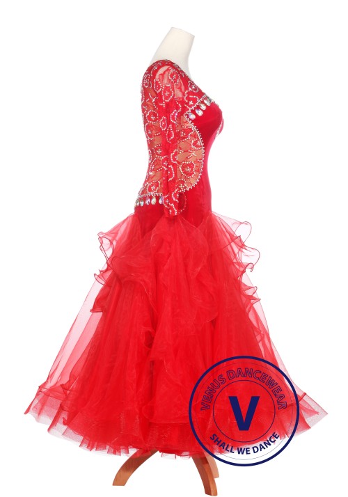 Red Velvet and Lace Standard Waltz Smooth Tango Ballroom Competition Dress 