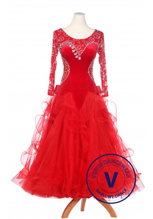 Red Velvet and Lace Standard Waltz Smooth Tango Ballroom Competition Dress