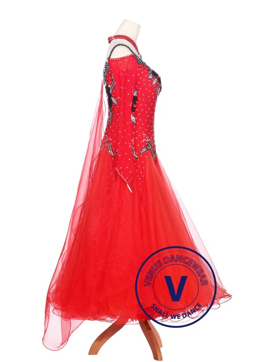 Red Fire Women Ballroom Competition Standard Waltz Smooth Dance Dress