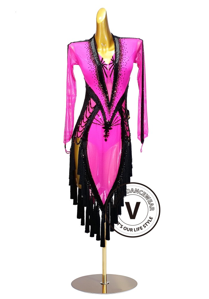 Hot pink and black dance competition dress. Perfect for Cha-cha, Salsa, and Rumba.