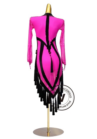 Hot pink and black dance competition dress. Perfect for Cha-cha, Salsa, and Rumba.