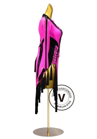 Hot pink and black dance competition dress. Perfect for Cha-cha, Salsa, and Rumba.