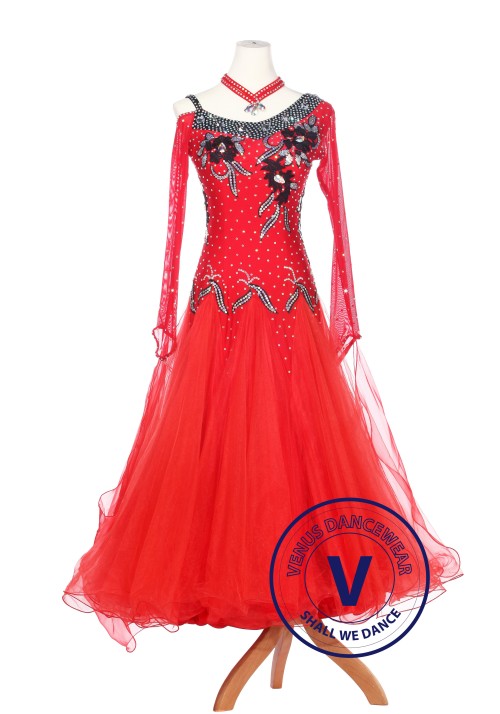 Red Fire Women Ballroom Competition Standard Waltz Smooth Dance Dress