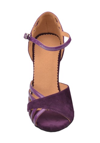 Purple Latin rhythm dance shoes with ankle straps.