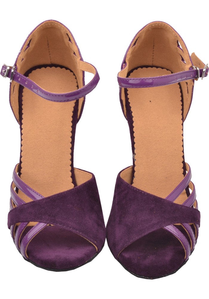 Purple Latin rhythm dance shoes with ankle straps.