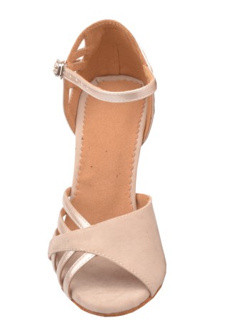 Elegant beige Latin rhythm dance shoes with an ankle strap and crisscross design.