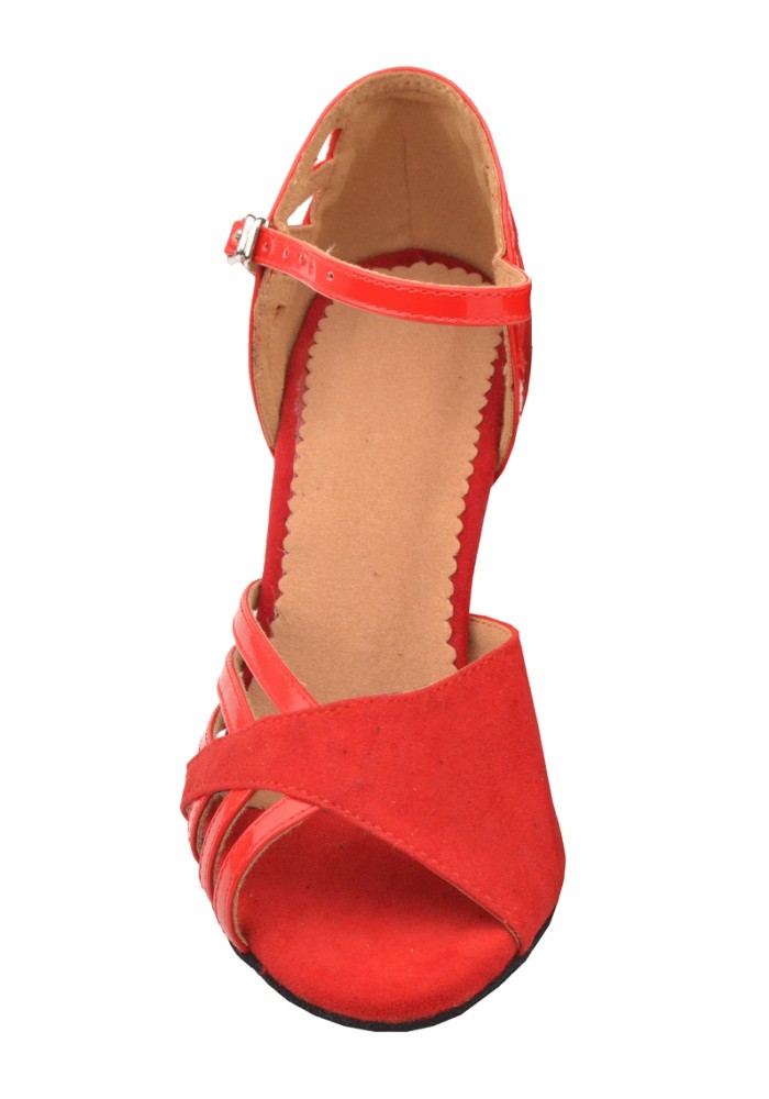 Red Latin Rhythm dance shoes with an ankle strap and crisscross design.