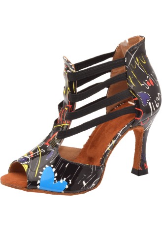Stylish black Latin rhythm dance shoes with a unique graffiti print and ankle straps.
